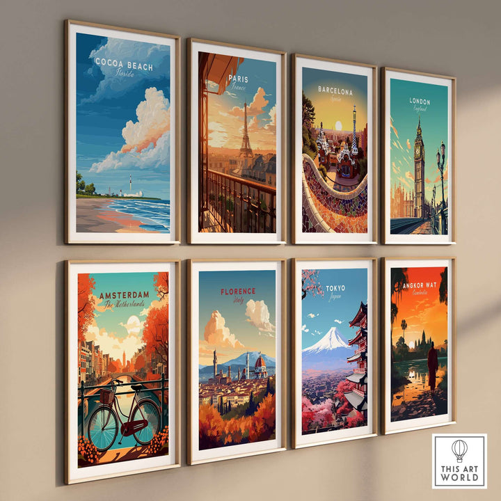 Framed wall art featuring Cocoa Beach, Paris, Barcelona, London, Amsterdam, Florence, Tokyo, and Angkor Wat prints.