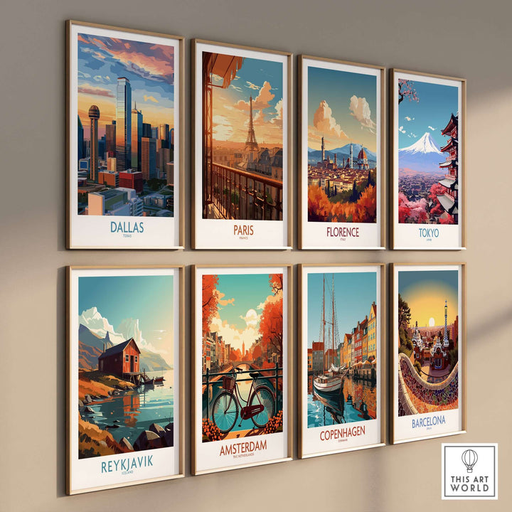 Wall art collection featuring iconic cities: Dallas, Paris, Florence, Tokyo, Reykjavik, Amsterdam, Copenhagen, Barcelona.