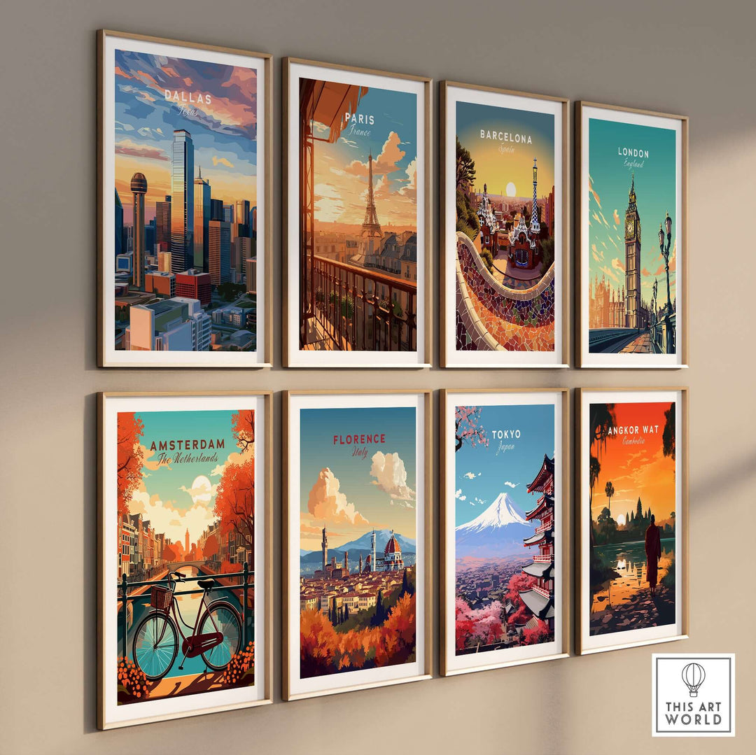 Gallery of artistic city skyline posters featuring Dallas, Paris, Barcelona, London, Amsterdam, Florence, Tokyo, and Angkor Wat.