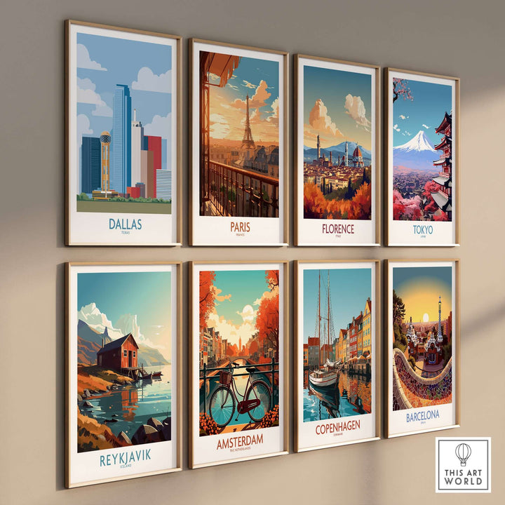 Gallery of travel posters featuring Dallas, Paris, Florence, Tokyo, Reykjavik, Amsterdam, Copenhagen, and Barcelona.
