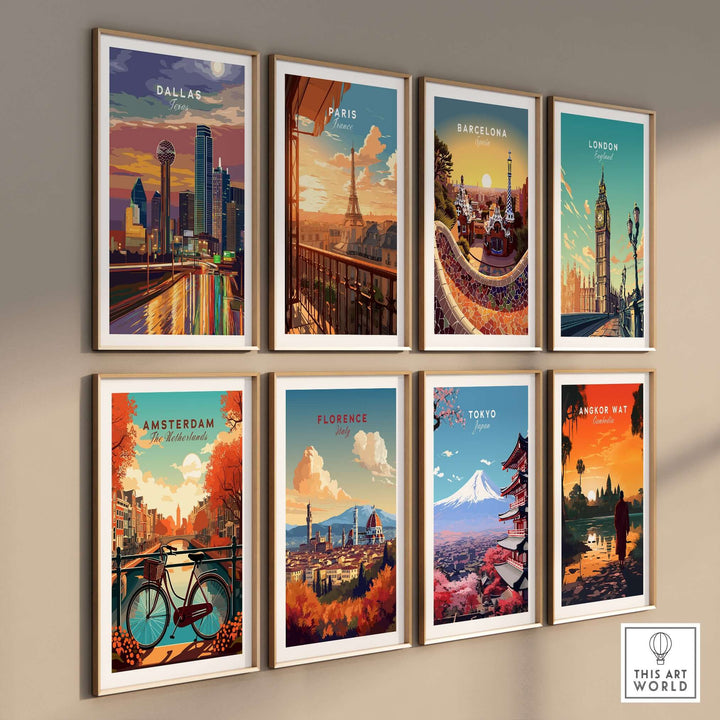 Gallery wall of vibrant city skyline posters including Dallas, Paris, Barcelona, and more.