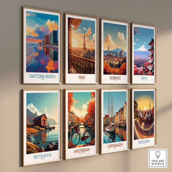 Collection of travel posters including Daytona Beach, Paris, Florence, Tokyo, Reykjavik, Amsterdam, Copenhagen, Barcelona.