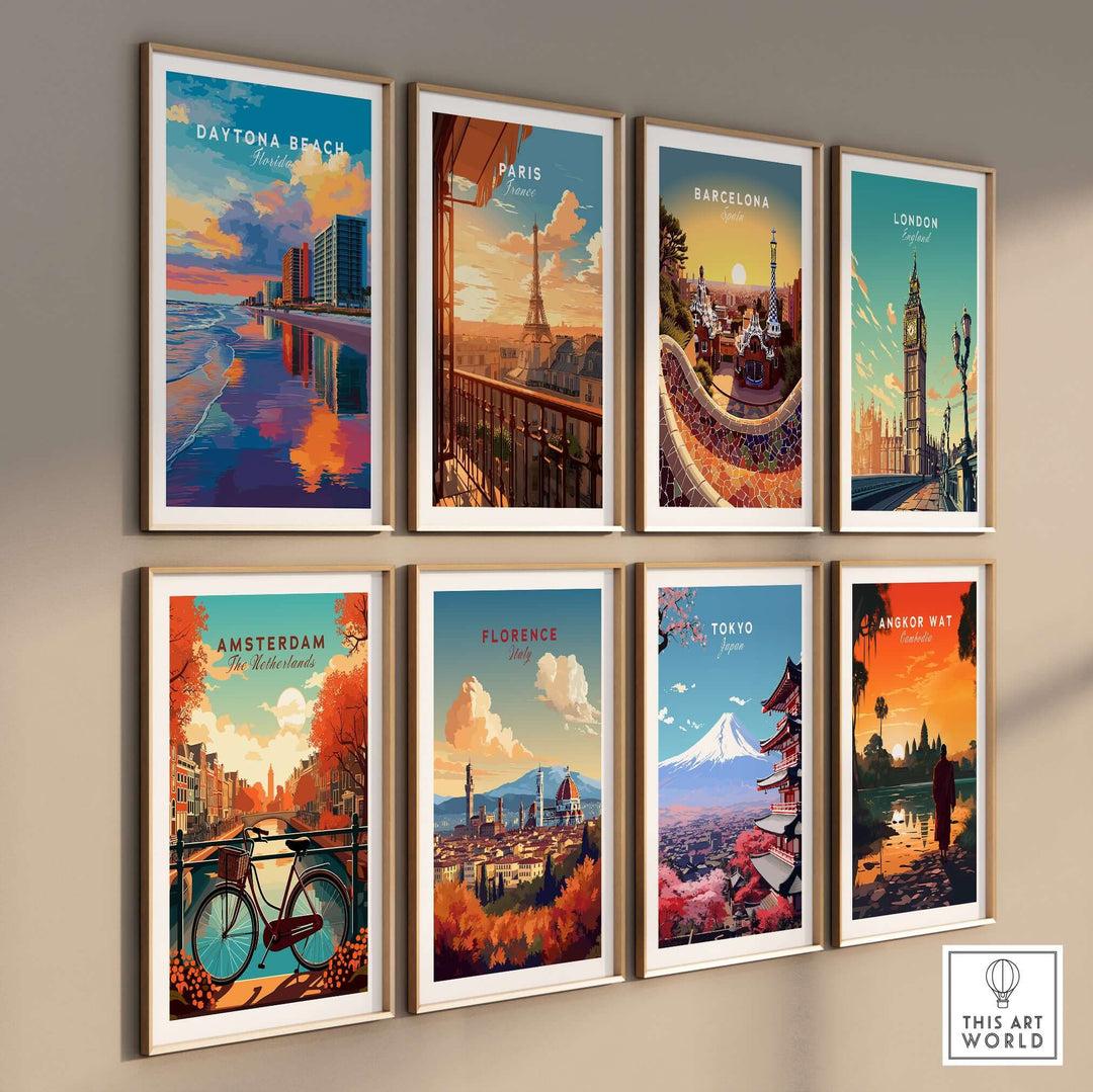 Colorful travel cityscape art prints including Daytona Beach, Paris, Barcelona, and more, displayed on a wall.