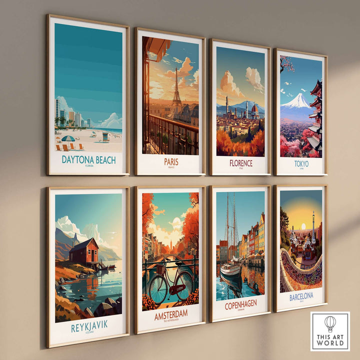 Collection of travel posters featuring Daytona Beach, Paris, Florence, Tokyo, Reykjavik, Amsterdam, Copenhagen, and Barcelona.