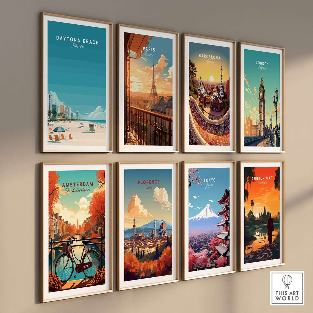 Gallery wall of travel prints featuring Daytona Beach, Paris, Barcelona, London, Amsterdam, Florence, Tokyo, and Angkor Wat.