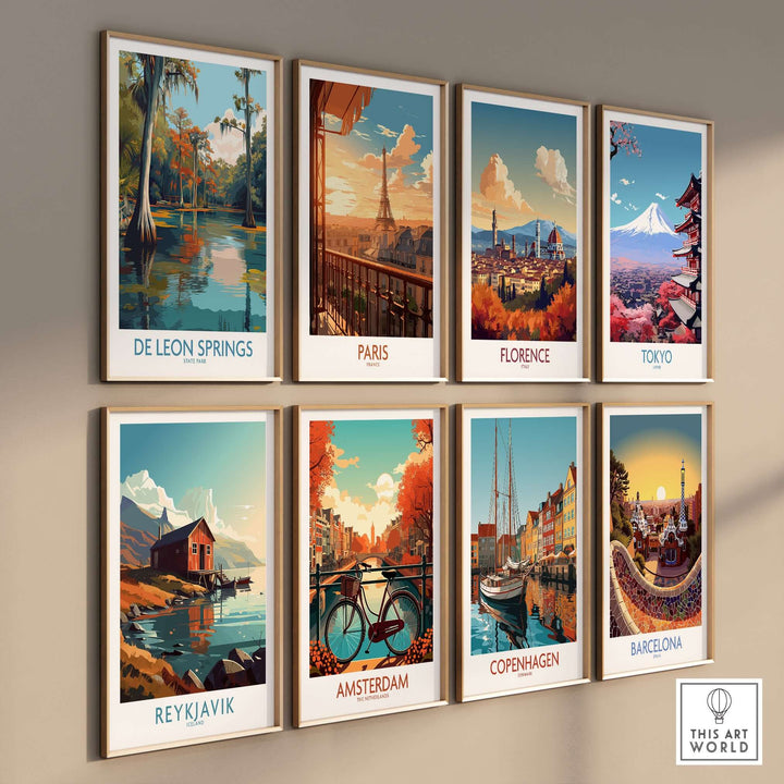 Collage of travel art prints featuring De Leon Springs, Paris, Florence, Tokyo, Reykjavik, Amsterdam, Copenhagen, and Barcelona.