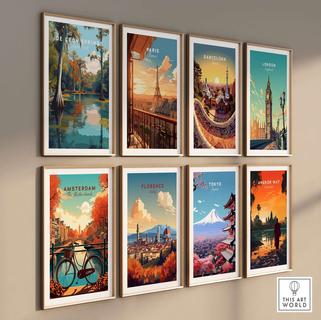 Gallery wall of vibrant travel posters featuring De Leon Springs, Paris, Barcelona, London, Amsterdam, Florence, Tokyo, and Angkor Wat.