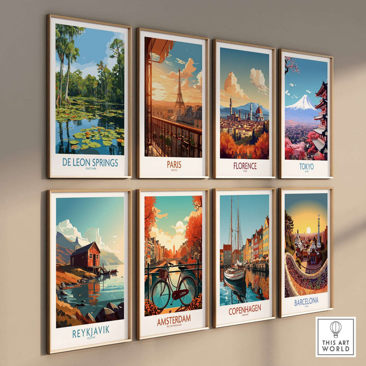 Gallery of vibrant travel posters including De Leon Springs, showcasing serene landscapes and iconic cityscapes.