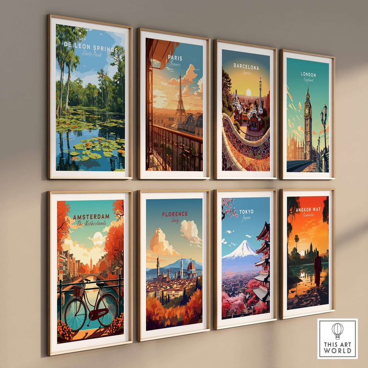 Collection of city and nature-themed wall art prints featuring De Leon Springs, Paris, Barcelona, London, and more.