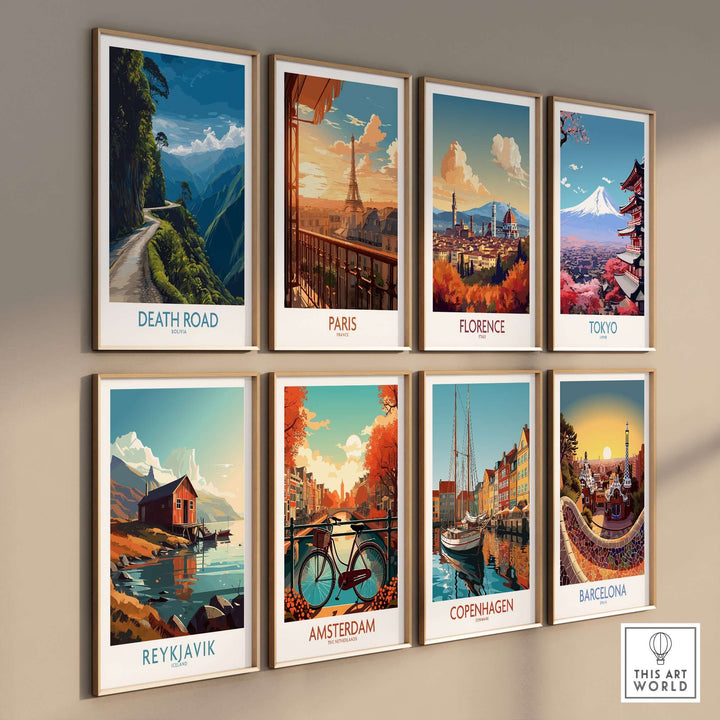 Death Road Bolivia Mountain Art Print | Yungas Camino Poster collection displayed on a wall featuring various cityscapes.