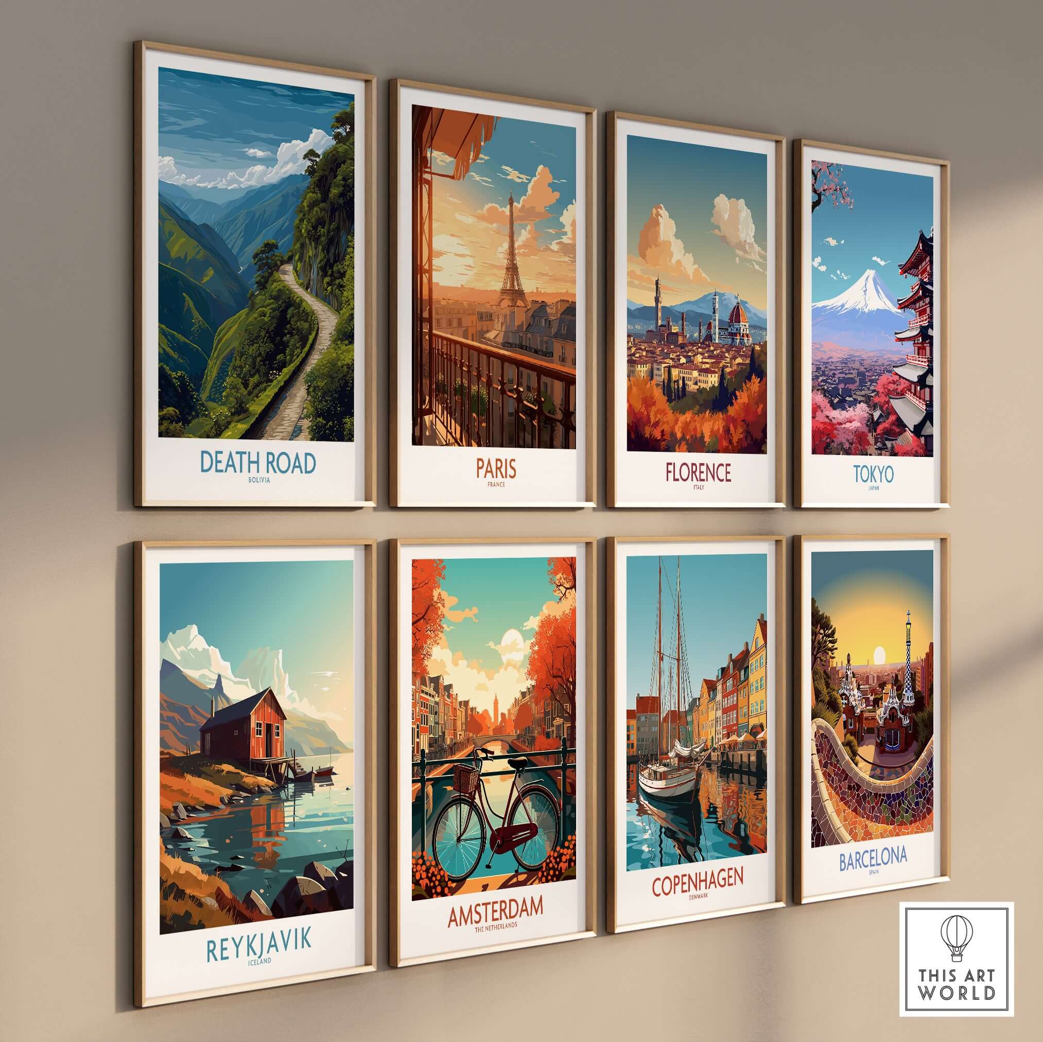 A collection of travel art prints including Death Road Bolivia, Paris, Florence, Tokyo, Reykjavik, Amsterdam, Copenhagen, and Barcelona.