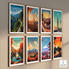 Death Road Andes Print | Yungas Road Poster displayed among cityscape prints in a gallery wall arrangement.