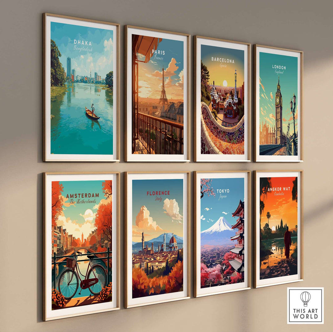 Gallery wall featuring framed city posters of Dhaka, Paris, Barcelona, London, Amsterdam, Florence, Tokyo and Angkor Wat.