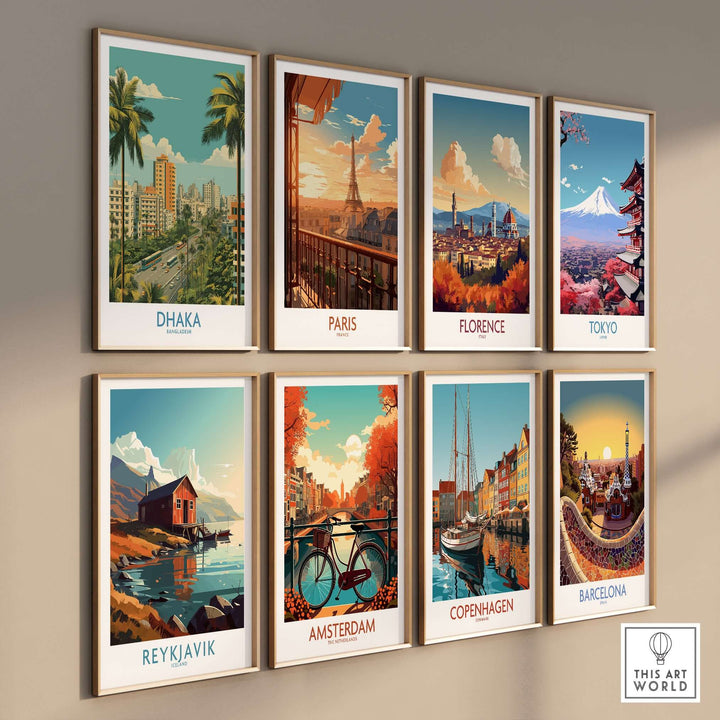 Gallery of vibrant cityscape wall art featuring Dhaka, Paris, Florence, Tokyo, Reykjavik, Amsterdam, Copenhagen, and Barcelona.