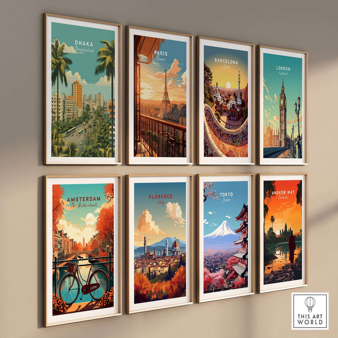 Colorful cityscape posters, including Dhaka, Paris, Barcelona, and others, displayed in modern frames on a wall.