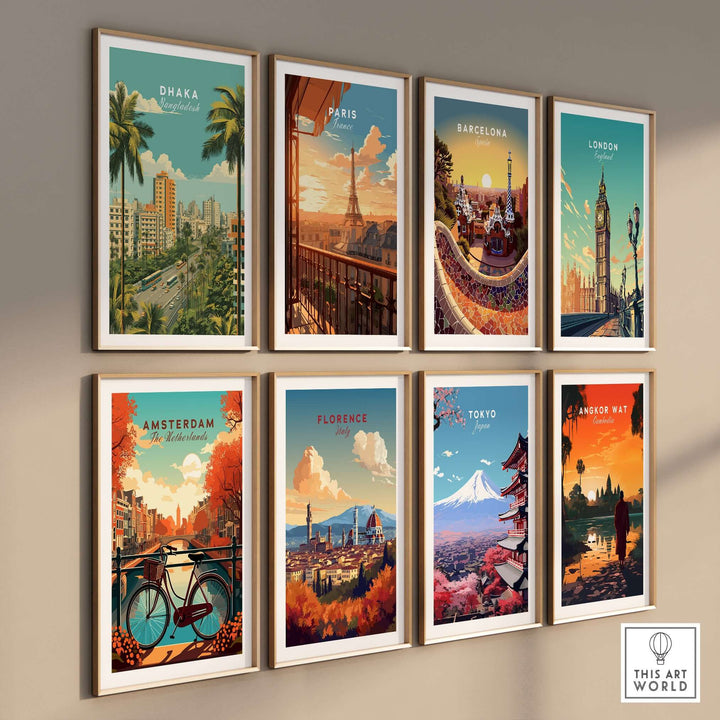 Colorful cityscape posters, including Dhaka, Paris, Barcelona, and others, displayed in modern frames on a wall.