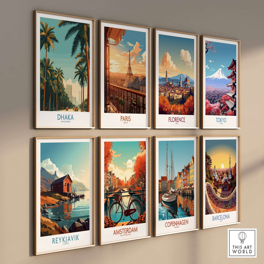 Gallery of travel posters featuring Dhaka, Paris, Florence, Tokyo, Reykjavik, Amsterdam, Copenhagen, and Barcelona.