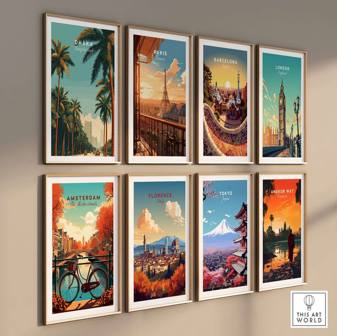 Gallery of city life prints including Dhaka, Paris, Barcelona, London, Amsterdam, Florence, Tokyo, and Angkor Wat.