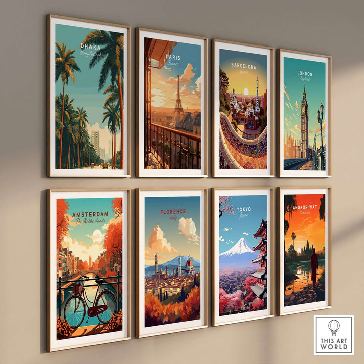 Gallery of city life prints including Dhaka, Paris, Barcelona, London, Amsterdam, Florence, Tokyo, and Angkor Wat.
