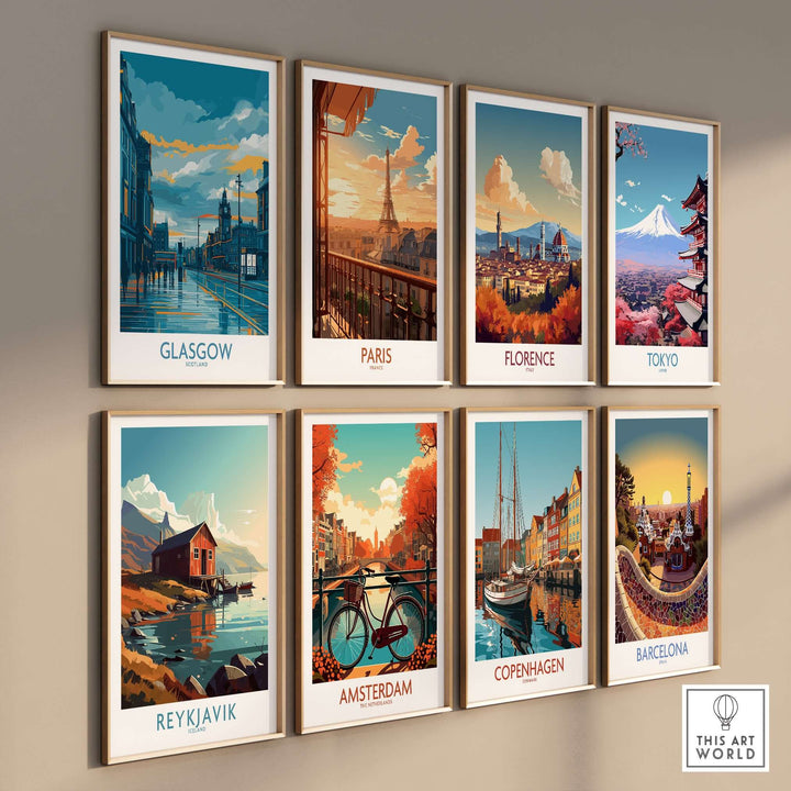 Collection of cityscape posters featuring Glasgow, Paris, Florence, Tokyo, Reykjavik, Amsterdam, Copenhagen, and Barcelona.