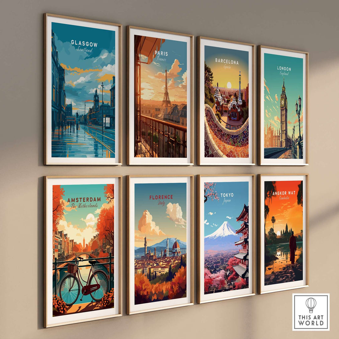 Gallery of city prints featuring Glasgow, Paris, Barcelona, London, Amsterdam, Florence, Tokyo, and Angkor Wat.