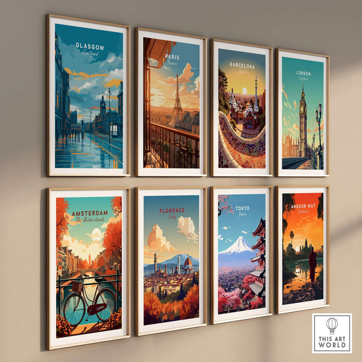 Gallery of city prints featuring Glasgow, Paris, Barcelona, London, Amsterdam, Florence, Tokyo, and Angkor Wat.