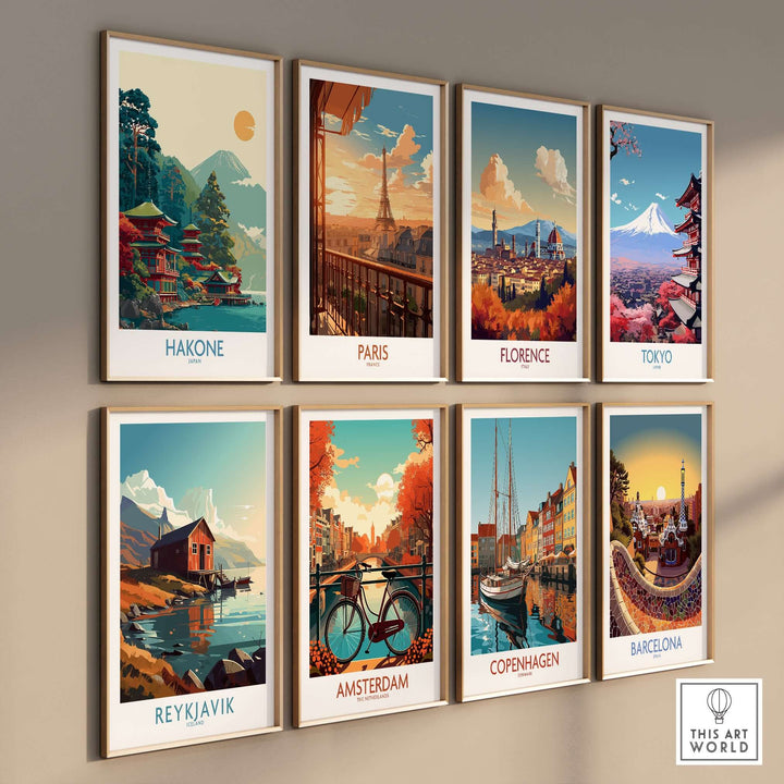 Gallery of travel-inspired art prints featuring Hakone, Paris, Florence, Tokyo, Reykjavik, Amsterdam, Copenhagen, and Barcelona.