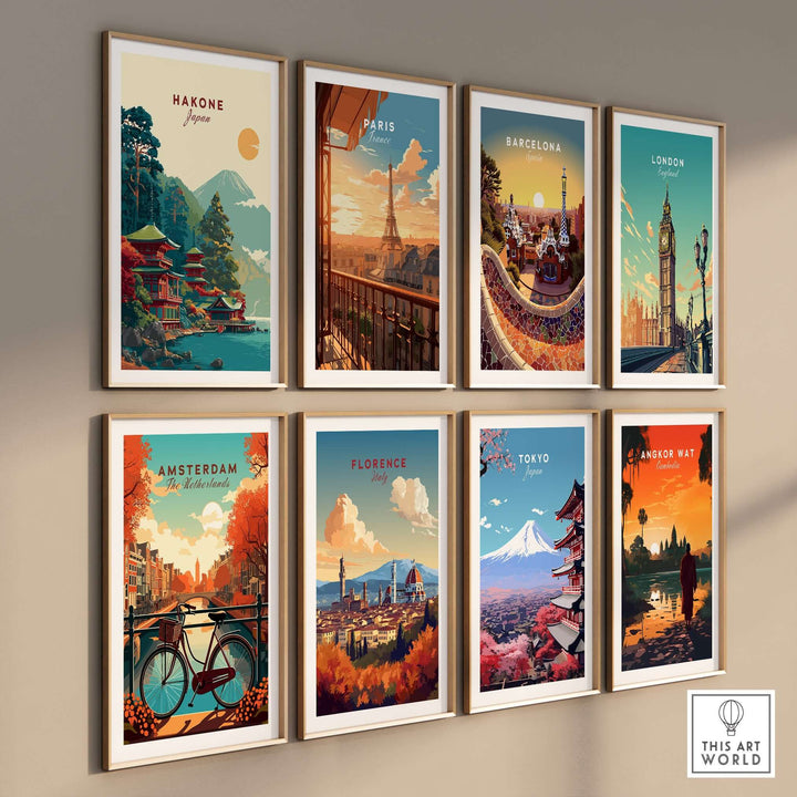 Gallery of colorful city travel prints including Hakone Japan Lake Ashi Temple, Amsterdam, Paris, and Tokyo.