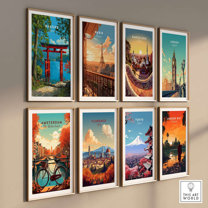Collage of vintage travel posters including Hakone Japan Lake Ashi Torii Gate and other iconic world landmarks.