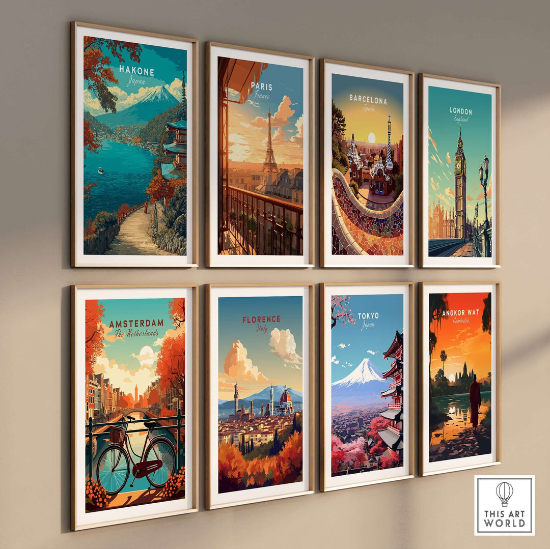 Art prints collection featuring cityscapes of Hakone, Paris, Barcelona, London, Amsterdam, Florence, Tokyo, and Angkor Wat.
