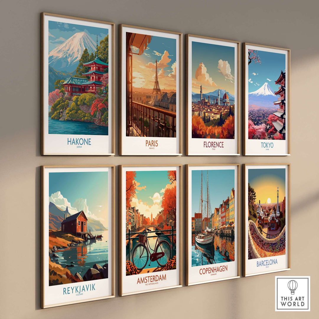 Collection of travel-themed wall art prints featuring cities including Hakone and Tokyo.