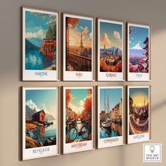 Hakone Wall Art Japan Red Torii Gate Poster displayed among other city art prints