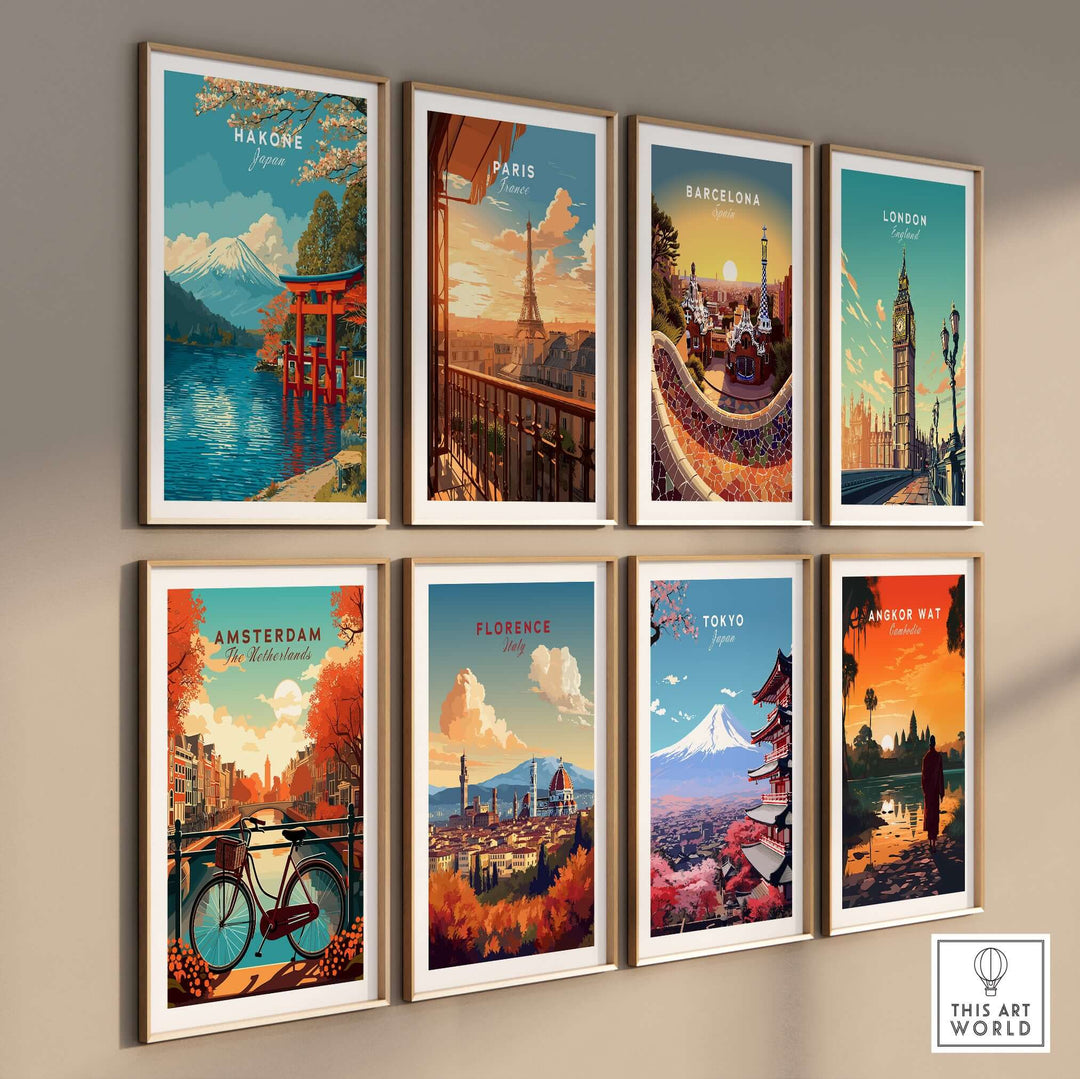 Assorted travel posters featuring iconic landmarks from Hakone, Paris, Barcelona, London, Amsterdam, Florence, Tokyo, and Angkor Wat.