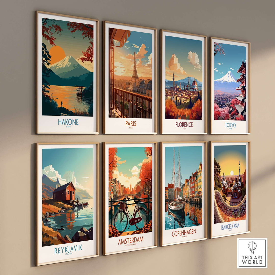 Gallery of vibrant city wall art prints featuring Hakone, Paris, Florence, Tokyo, Reykjavik, Amsterdam, Copenhagen, and Barcelona.