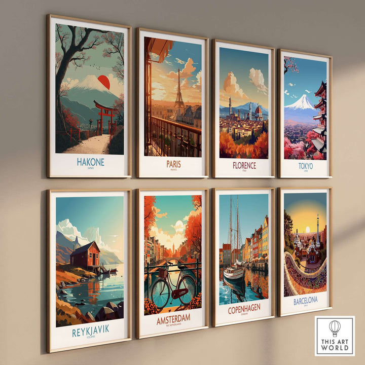 Gallery of city-themed wall art prints featuring Hakone, Paris, Florence, Tokyo, Reykjavik, Amsterdam, Copenhagen, and Barcelona.