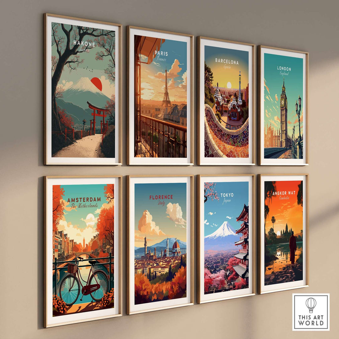 Gallery of travel posters featuring Hakone, Paris, Barcelona, London, Amsterdam, Florence, Tokyo, and Angkor Wat.