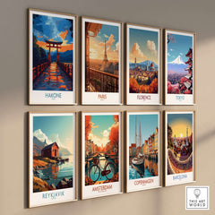 Hakone Wall Art - Japan Travel Poster displayed on a gallery wall along with other city posters.