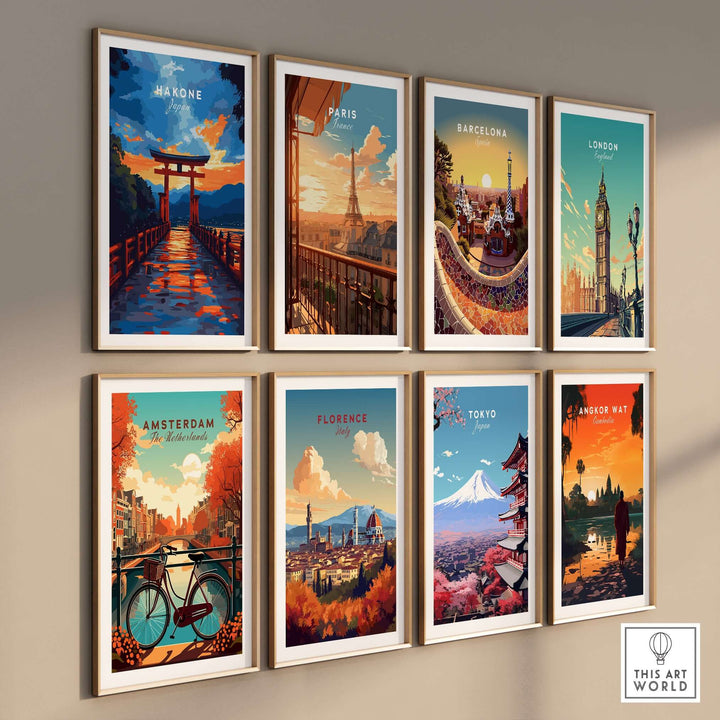 Gallery of travel posters featuring Hakone, Paris, Barcelona, London, Amsterdam, Florence, Tokyo, and Angkor Wat.