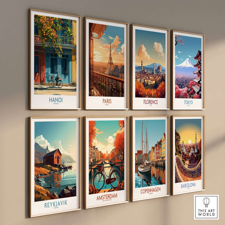 Hanoi poster among global city art prints showcasing cultural travel destinations on a wall.