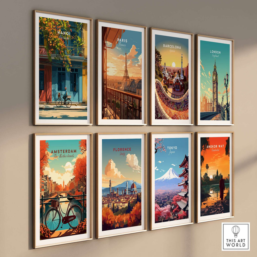 Gallery of vibrant city prints including Hanoi, Paris, Barcelona, London, and others, showcasing urban scenes in vivid colors.