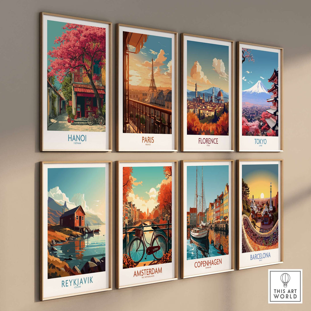 Hanoi Vietnam poster featuring historic architecture and iconic landmarks, displayed alongside posters of other cities.