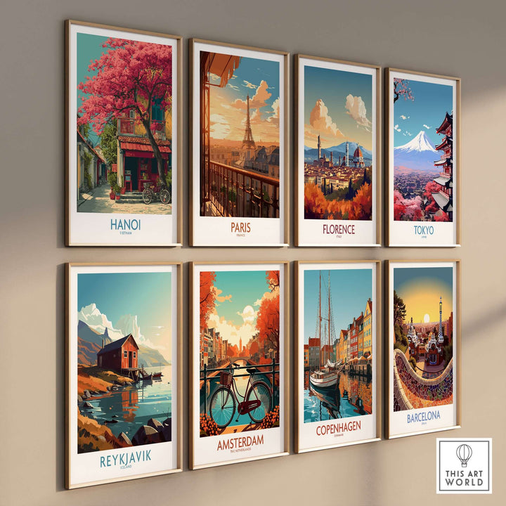 Hanoi Vietnam poster featuring historic architecture and iconic landmarks, displayed alongside posters of other cities.