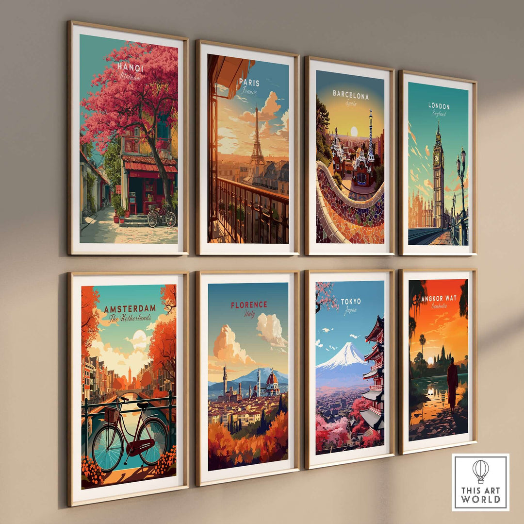 Colorful framed prints of iconic city landscapes including Hanoi, Paris, Barcelona, and more, showcasing vibrant art.