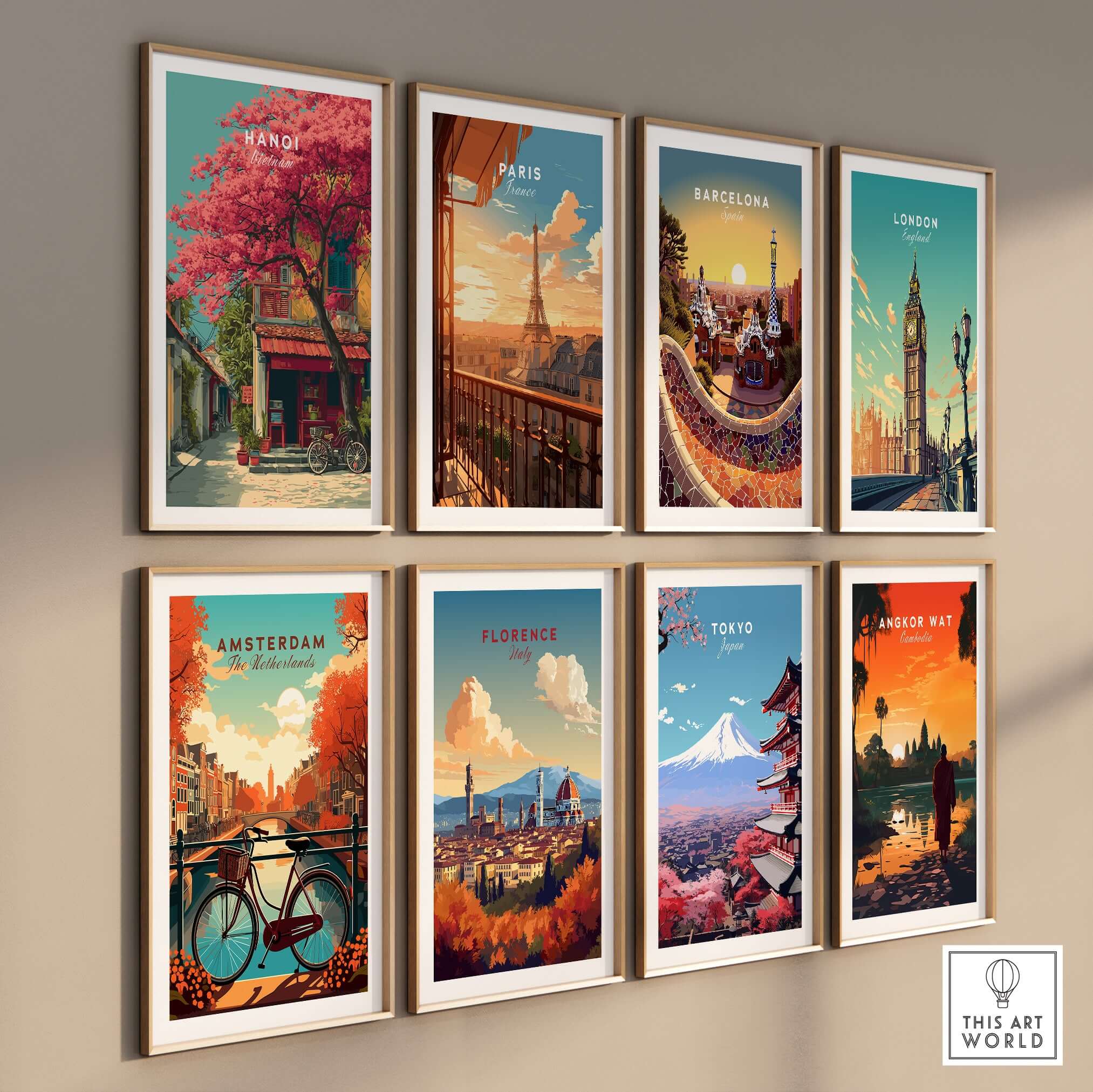 Hanoi Vietnam Print Cherry Blossom Street - Colorful City Wall Art displayed in a gallery wall of city prints.