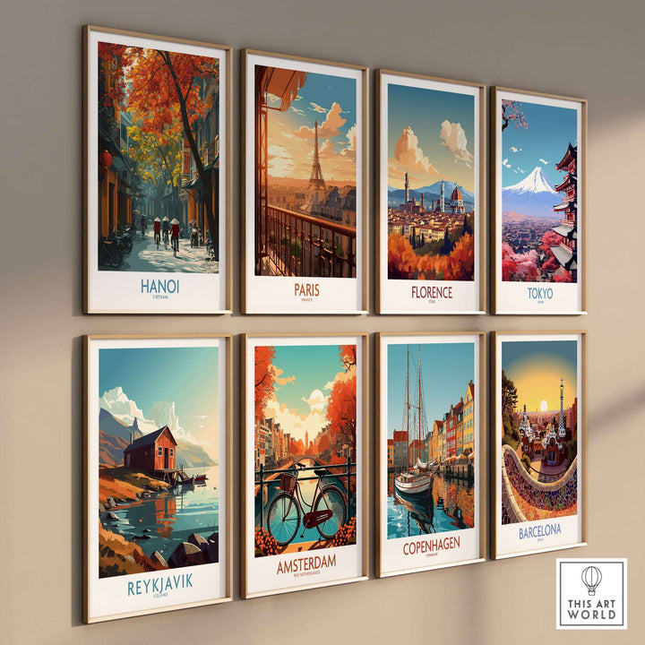 Gallery of travel-inspired wall art featuring major cities like Hanoi, Paris, Florence, and Tokyo.