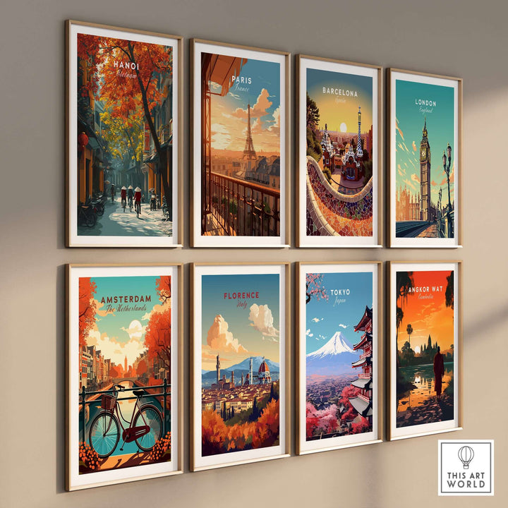 Collection of city posters including Hanoi, Paris, Barcelona, London, Amsterdam, Florence, Tokyo, and Angkor Wat.