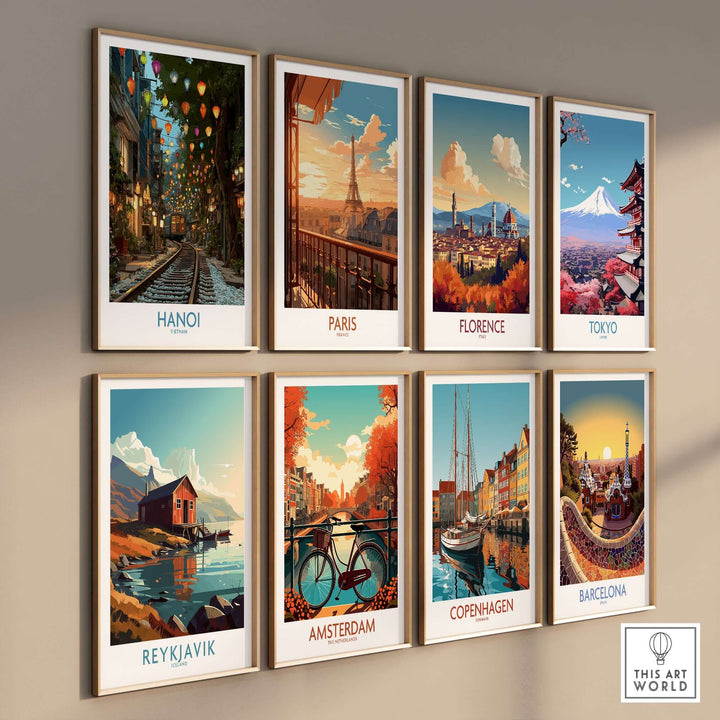 Vibrant travel prints of famous cities including Hanoi, Paris, Florence, and Tokyo, perfect for home décor.