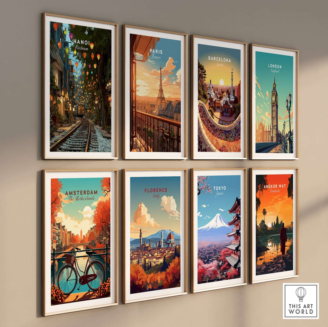 Collage of vibrant cityscape posters including Hanoi, Paris, and Tokyo, showcasing cultural landmarks.