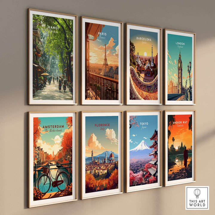 Collection of vibrant city posters including Hanoi, Paris, Barcelona, and more, showcasing iconic street scenes.