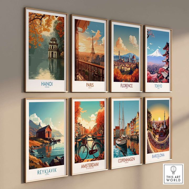Gallery of travel wall art featuring iconic landmarks from Hanoi, Paris, Florence, Tokyo, Reykjavik, Amsterdam, Copenhagen, and Barcelona.